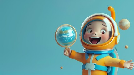 Canvas Print - A 3D rendered cartoon astronaut boy with a big smile, holds a globe.