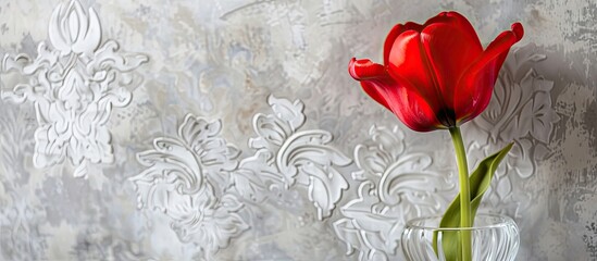Poster - Red tulip in vase on a decorative interior wall background with copy space image