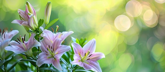 Aufkleber - Blurry green backdrop with lilac lilies providing copy space image emphasizing selective focus