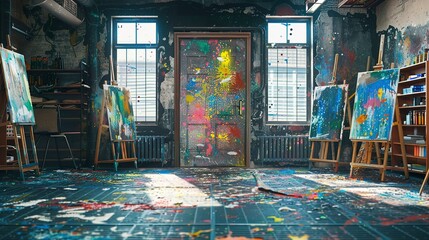 Wall Mural - Art studio entrance with splattered paint floors and easels