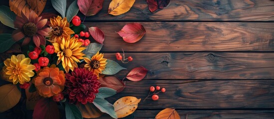 Wall Mural - An autumnal arrangement on a wooden table with copy space image