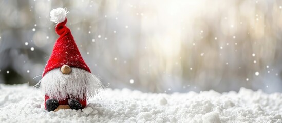 Fototapete - Christmas toy featuring a snow gnome or elf donning a red cap ideal for a festive card with blank space for customization with copy space image