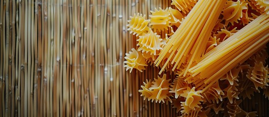 Wall Mural - Italian food concept with spaghetti and pasta cooking ingredients on a bamboo backdrop creating a flat lay composition with ample copy space image