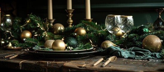 Aufkleber - Christmas decorations in green and gold hues adorning a table with a dark backdrop presenting a festive ambiance with copy space image