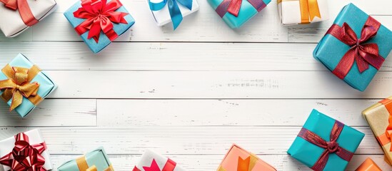 Fototapete - Colorful gift boxes with ribbons on a white wooden surface perfect for occasions like Christmas Valentine s Day or birthdays Viewing from the top with space for additional images