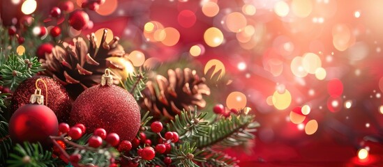 Aufkleber - A festive Christmas backdrop adorned with decorations and selective focus on holiday elements features copy space image