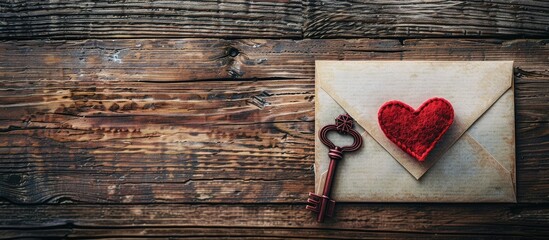 Aufkleber - Top view of a Valentine s Day greeting card placed on a wooden surface featuring a heart and key with a blank area for custom text known as a copy space image