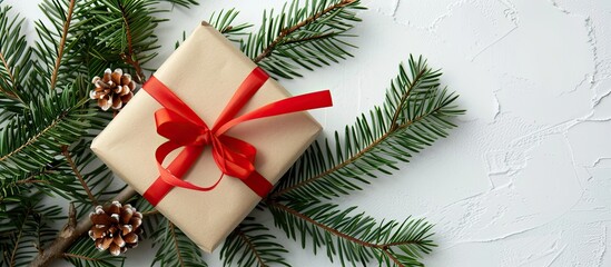 Poster - A present wrapped in craft paper with a red ribbon sits on a white background with Christmas tree branches ideal for a festive copy space image
