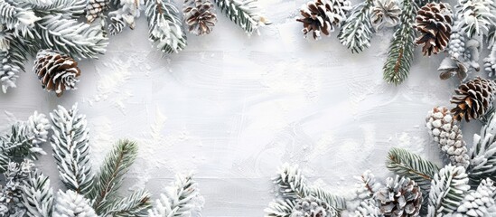 Aufkleber - Christmas winter background with snow covered fir branches cones and a white wooden texture Ideal for a copy space image