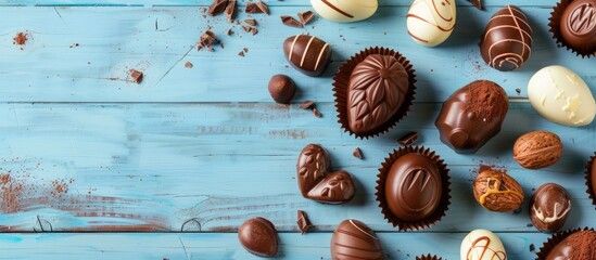 Aufkleber - Easter themed chocolate treats displayed on a blue wooden surface with copy space image