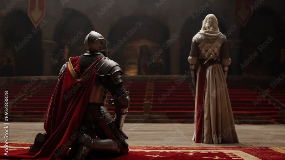 medieval knight kneeling before a queen, taking an oath of loyalty ...
