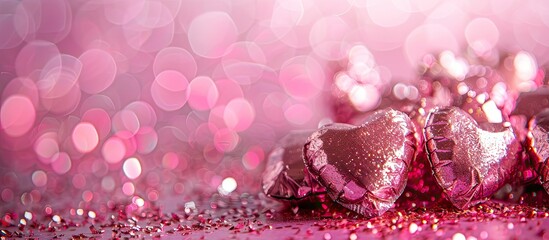 Leinwandbilder - Vivid pink backdrop with heart shaped candies in shiny foil on a festive copy space image
