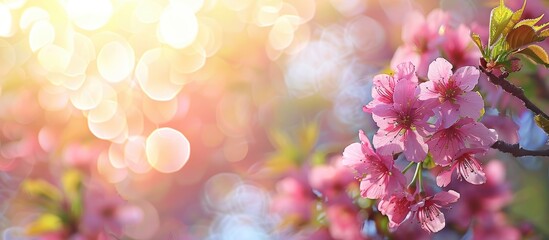 Aufkleber - Sunny morning with cherry blossoms in pink on a blurred background ideal for a designer with a natural green leaf backdrop perfect as a copy space image for art