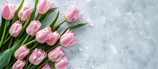 Aufkleber - Top view of pink tulips on snowy surface with copy space image