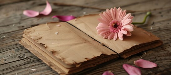 Aufkleber - Wooden background with a blank notebook and a pink flower creating a serene copy space image