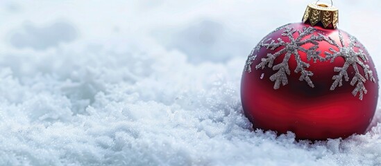 Poster - An ornamented Christmas tree bauble in the snow with a blank space for adding an image. copy space available