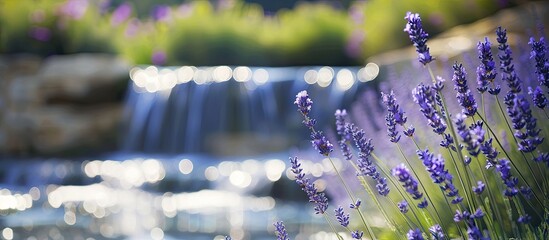 Aufkleber - Sunny garden day with lavender blooms and a waterfall in the backdrop perfect for a copy space image