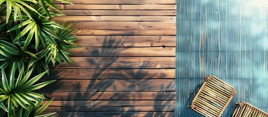 Poster - Wooden deck table with bamboo place mat featuring copy space image