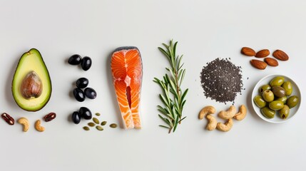 photo of a selection of healthy unsaturated fats, omega 3 - fish, avocados, olives, nuts and seeds.