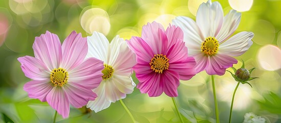 Poster - Cosmos flowers in pink and white shades showcasing yellow pollen against a lush green background ideal for a copy space image