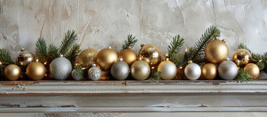 Fototapete - A spruce branch on the mantelpiece holds golden and silver Christmas ornaments and balls creating a festive display with a copy space image