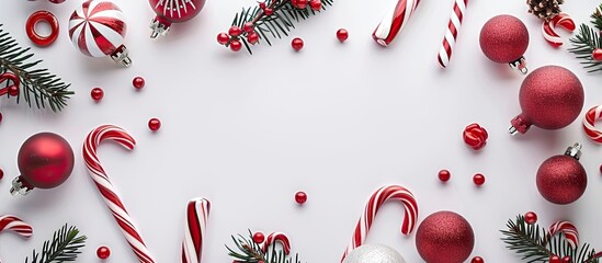 Poster - A frame created from festive Christmas decorations like balls bows and candy canes on a white backdrop ideal for a copy space image