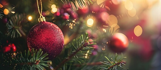 Wall Mural - Close up of a red Christmas ball and toys on a Christmas tree with a blurred background perfect for copy space image