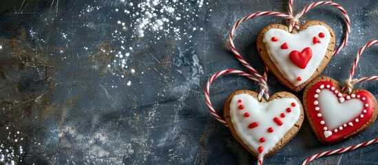 Aufkleber - Heart shaped cookies with red and white twine decorations for the holidays on a background with empty space for writing like a banner. copy space available