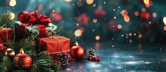 Aufkleber - Selective focus holiday with gift boxes decorations and a festive Christmas background creating a joyous atmosphere in the copy space image