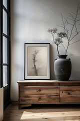 Sticker - Black framed picture and vase near a wooden chest in a interior living