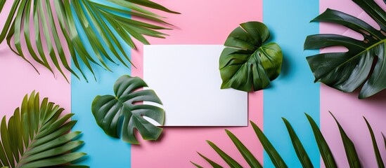 Sticker - Tropical leaves placed with a blank card on a colorful backdrop ideal for copy space image