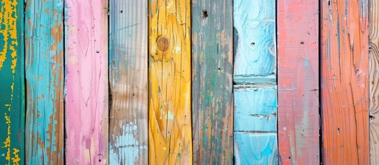 Aufkleber - Fragmented colorful paint covered pine wood boards create a background composition with a shallow depth of field ideal for a copy space image