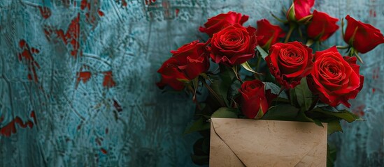 Poster - Beautiful red roses in an envelope symbolizing love or Valentine s Day against a background with copy space image