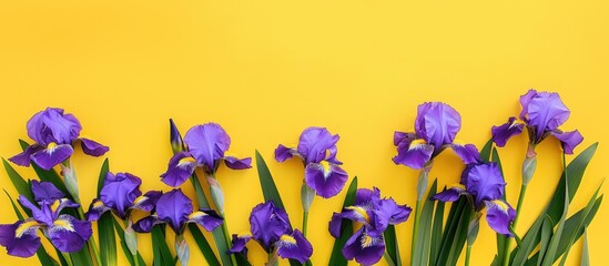 Aufkleber - Top view of purple irises set against a yellow background ideal for greeting card designs with room for additional elements in a copy space image