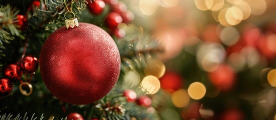 Poster - Close up of a red Christmas ball and toys on a Christmas tree with a blurred background perfect for copy space image