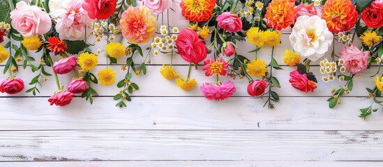 Top view floral arrangement on a white wooden surface with a bright and cheerful appearance perfect for spring and summer themed designs featuring copy space image