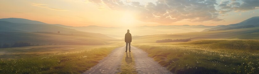 Poster - Solitary Figure Stands at the Start of a New Road Embracing the Energy of New Beginnings