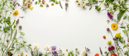Aufkleber - Round frame wreath of spring wildflowers on white background top view flat lay with copy space image