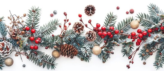 Aufkleber - Pine branches adorned with red gold silver ornaments cones red berries and snow Displayed on a white background Suitable for banners including copy space images
