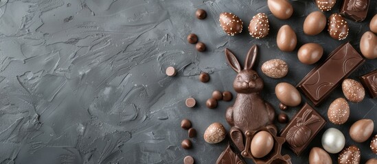 Aufkleber - Sweet Easter treats and chocolate eggs with the Easter Bunny on a gray background in a holiday themed copy space image