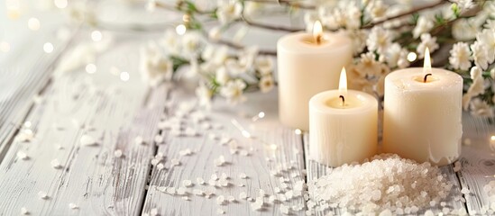 Wall Mural - A serene spa setting featuring candles sea salt and flowers on a white wooden backdrop with a copy space image