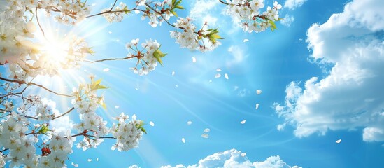Aufkleber - Beautiful cherry blossom branches against a sunny blue sky backdrop offer a serene copy space image
