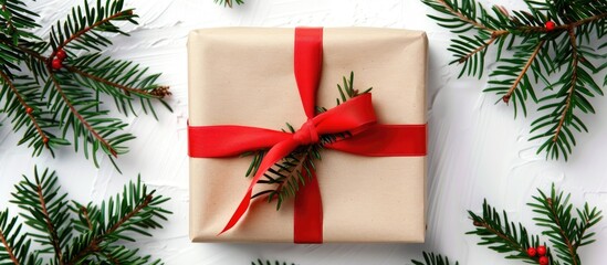 Poster - A present wrapped in craft paper with a red ribbon sits on a white background with Christmas tree branches ideal for a festive copy space image