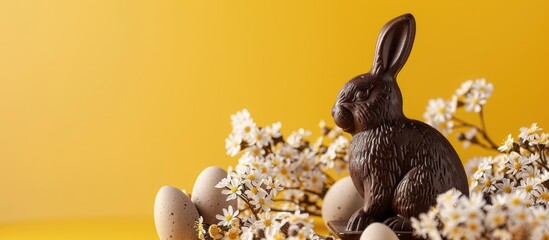 Aufkleber - Easter celebration with a dark chocolate bunny against a yellow backdrop featuring copy space image