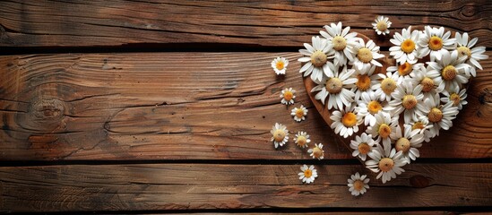 Fototapete - Heart shaped white flowers on wooden surface perfect for design projects with copy space image Top view