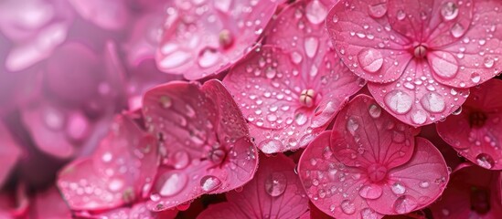 Aufkleber - Close up shot of pink hydrangea flowers with water drops ideal for gardening concept greeting card cover design Mother s Day weddings and Women s Day copy space image