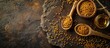 © Gular - Aerial view of pollen in a wooden spoon and pollen liquid displayed on a table with ample copy space image available