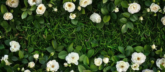 Poster - Top view of spring white roses on green grass set against a white background with room for text ideal for a copy space image