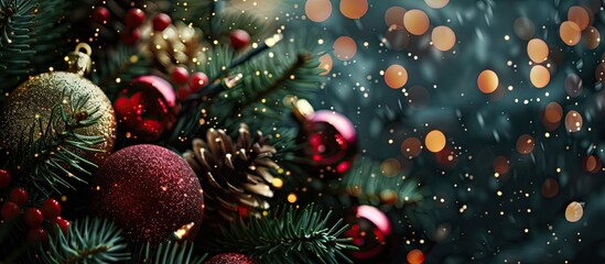 Fototapete - Festive Christmas decor displayed against a dark backdrop with copy space image