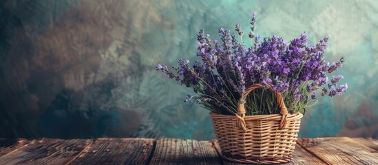 Poster - A rustic bouquet of lavender arranged in a basket on a wooden table offers a romantic ambiance with a rustic touch ideal for a copy space image